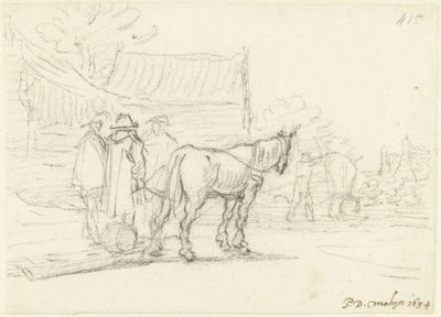 Três homens ao lado de um cavalo e de um trenó de Gerard ter Borch (II)