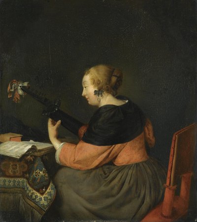 Uma senhora sentada a tocar alaúde de Gerard ter Borch