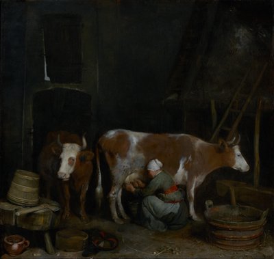 Uma criada a ordenhar uma vaca num celeiro de Gerard ter Borch