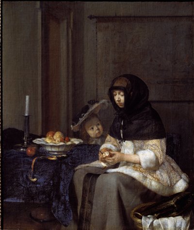 Uma mãe descascando uma maçã (óleo sobre tela de Gerard ter Borch