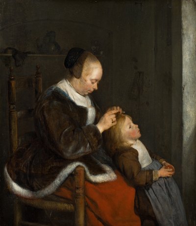 Mãe a retirar piolhos do cabelo do filho de Gerard ter Borch