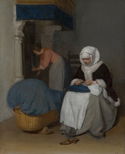 Mulher a costurar ao lado de um berço de Gerard ter Borch