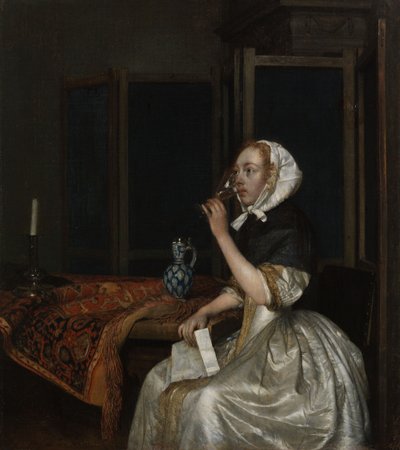 Jovem com um copo de vinho, segurando uma carta na mão de Gerard ter Borch