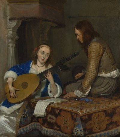 Uma mulher que joga o Theorbo-Lute e um Cavalier, c.1658 de Gerard ter Borch