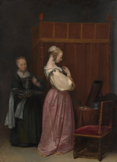 Uma jovem mulher em seu banheiro com uma empregada doméstica, c.1650-51 de Gerard ter Borch