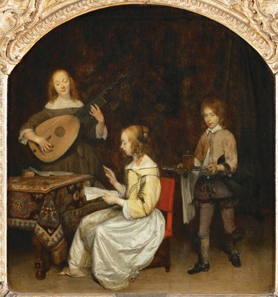 O concerto: cantor e tocador de alaúde teorba ... de Gerard ter Borch or Terborch