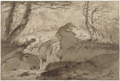 Paisagem de montanha com cascata entre árvores, ao longo da qual um pastor alimenta o seu rebanho de Gerard van Nijmegen