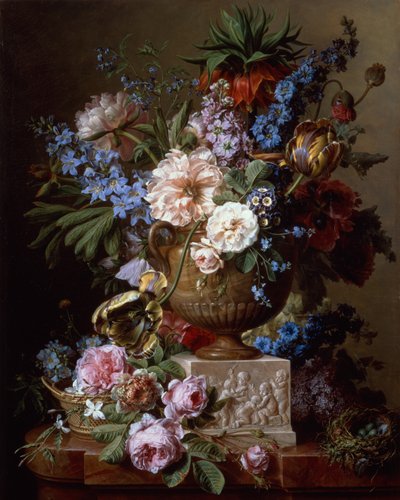 Natureza morta com flores em um vaso de pedra em um pedestal (óleo sobre tela) de Gerard van Spaendonck