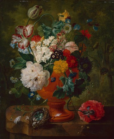 Flores de verão em uma urna com um ninho de pássaro em uma borda de mármore (óleo sobre tela) de Gerard van Spaendonck