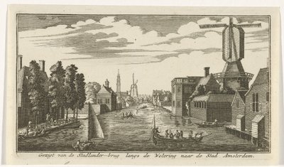 Vista ao longo do Wetering em Amsterdã Vista da ponte Stadlander ao longo de Wetering até a cidade de Amsterdã (título no objeto) de Gerardus Condet