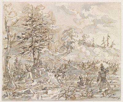 Batalha entre cavalaria e soldados de infantaria em uma paisagem montanhosa de Gerardus Emaus de Micault