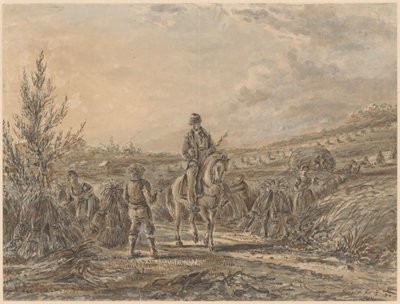 Paisagem com cavaleiros entre os agricultores que fazem a colheita de Gerardus Emaus de Micault