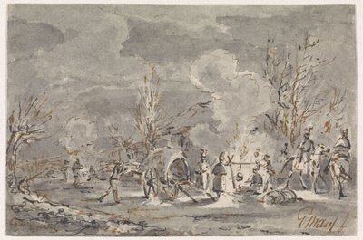 Acampamento do exército com soldados à volta da fogueira de Gerardus Emaus de Micault