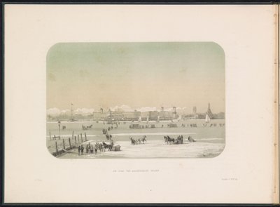 Entretenimento de gelo no Maas em Rotterdam, visto de Katendrecht, 1855 A cidade de Katendrecht vista (título no objeto) O entretenimento de gelo no Maas em Rotterdam em fevereiro de 1855, com legendas (título da série no objeto) de Gerardus Johannes Bos