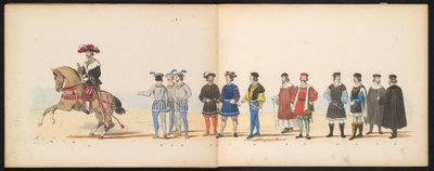 Mascarada dos estudantes de Leiden, 1855 (placa 11)
Desfile com trajes realizados pelos membros do corpo estudantil de Leiden em 12 de Junho de 1855, em celebração do 280º aniversário da Universidade de Leiden, retratando a entrada de Carlos V na Holanda. de Gerardus Johannes Bos