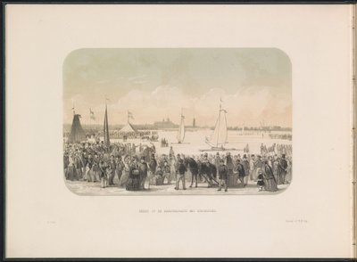 Concurso para iates à vela no gelo no Maas em Rotterdam, 1855 Vista da festa de hardsailing com barcos de gelo (título no objeto) O entretenimento de gelo no Maas em Rotterdam em fevereiro de 1855, com legendas (título da série no objeto) de Gerardus Johannes Bos