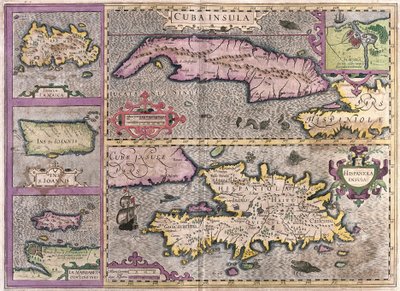 Cuba, Jamaica, Haiti, Porto Rico (Caribe) (gravura de Gerardus Mercator