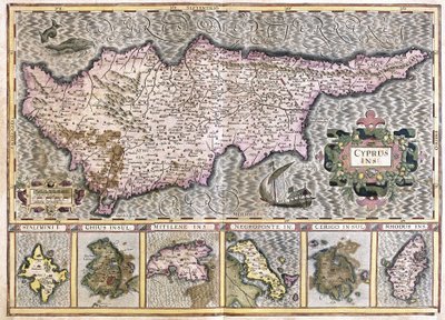 Chipre e as ilhas Stalimini (Lemnos) Chios, Mitilene, Negroponte, Cerigo e Rodus (gravura de Gerardus Mercator