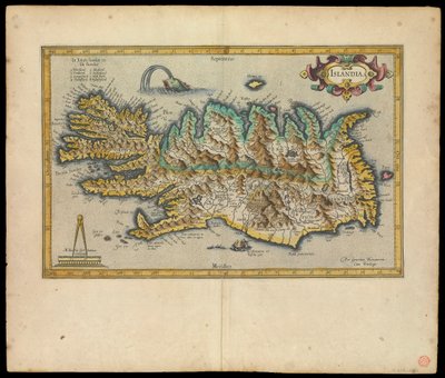 Islandia, Per Gerardum Mercatorem cum privilegio, c.1595 (tinta, aguarela, gravura, papel) de Gerardus Mercator