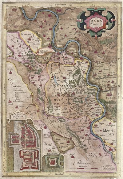O curso do rio Reno em Vestefália, Alemanha (gravura de Gerardus Mercator