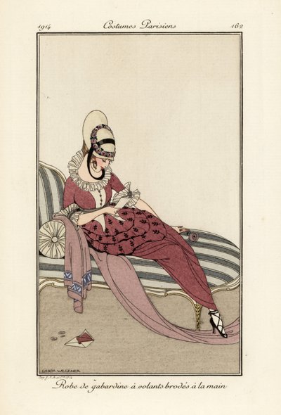 Mulher em vestido de gabardine com folhos bordados à mão. de Gerda Marie Frederike Wegener