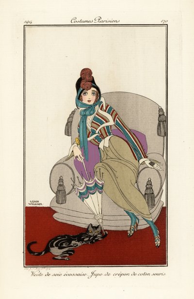 Mulher com colete de seda escocês, saia de algodão crepado. de Gerda Marie Frederike Wegener