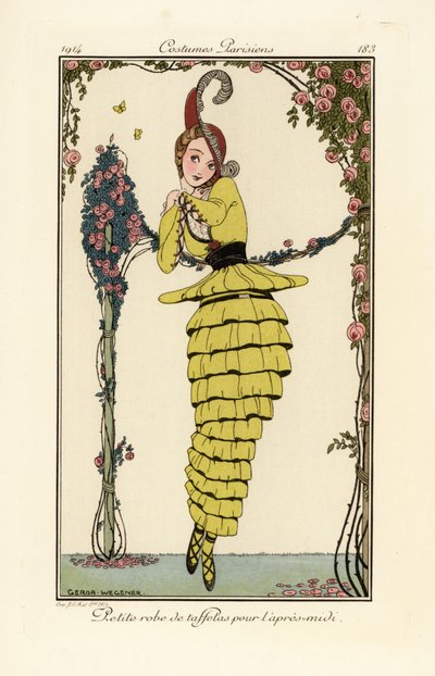 Mulher com vestido de tarde de tafetá amarelo. de Gerda Marie Frederike Wegener