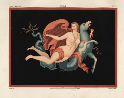 Uma nereida (ninfa do mar) com manto e braceletes montada num monstro marinho ou hipocampo, metade cavalo e metade peixe. Museo Naz. XXII, Stabiae. Desenhado e cromolitografado por Victor Steeger a partir de Emile Presuhn (1844-1878) As Mais Belas Pinturas de Geremia Discanno