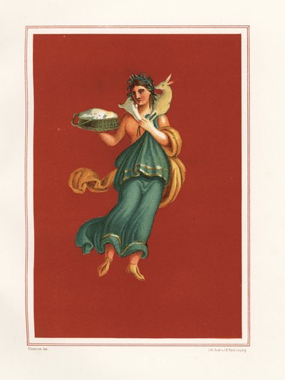 Pintura mural alegórica da primavera do lado oeste do átrio do Regio IX.V.11. Segura um cesto de queijo e carrega um cordeiro aos ombros. Cromolitografia de J.G. Bach a partir de uma ilustração de Geremia Discanno de Emile Presuhn (1844-1878) de Geremia Discanno