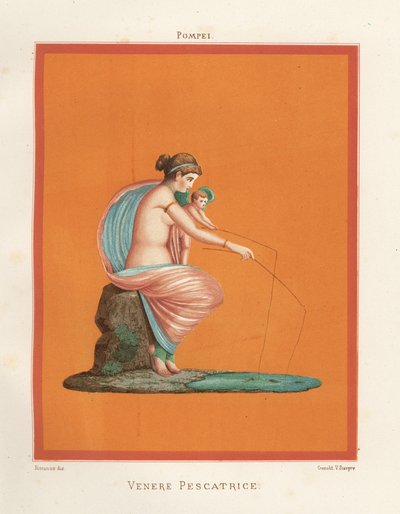 Mural de Vénus e cupido a pescar com canas de um lago. Encontrado em Regio V.V.3, a Casa dos Gladiadores. Cromolitografia de Victor Steeger a partir de uma ilustração de Geremia Discanno de Emile Presuhn (1844-1878) As Mais Belas Pinturas de Pompeia, de Geremia Discanno