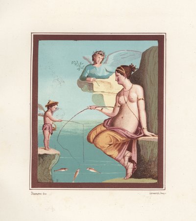 Mural de Vénus e cupido a pescar com canas do mar. Encontrado na Regio VI.XIV.28, na Taberna Lusoria. Cromolitografia de Victor Steeger a partir de uma ilustração de Geremia Discanno de Emile Presuhn (1844-1878) As Mais Belas Pinturas de Pompeia, Lei de Geremia Discanno