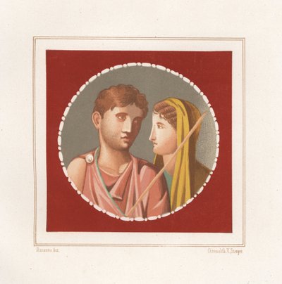 Retrato de um homem e de uma mulher de uma casa não identificada em Pompeia. Cromolitografia de Victor Steeger a partir de uma ilustração de Geremia Discanno de Emile Presuhn (1844-1878) As Mais Belas Pinturas de Pompeia, Leipzig de Geremia Discanno