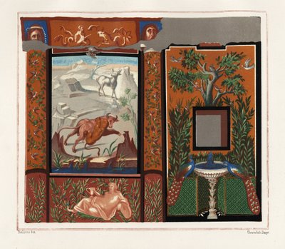 Fotomural num viridarium (jardim) de um tigre a atacar um touro e pavões numa fonte, da Casa dos Quadros Inscritos, Regio V, Insula I, N. 18. Cromolitografia de Victor Steeger a partir de uma ilustração de Geremia Discanno de Emile Presu de Geremia Discanno