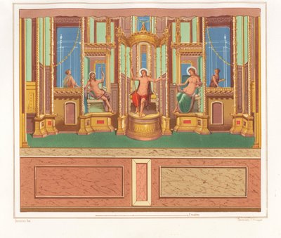 Pintura mural que mostra Baco, Vénus e Apolo a partir de uma área sentada isolada num canto de um jardim na Domus M. Herenulli Communis ou Casa de Apolo, Reg. VI, Ins. VII, n.º 23. Cromolitografia de Victor Steeger a partir de uma ilustração de Geremia Dis de Geremia Discanno