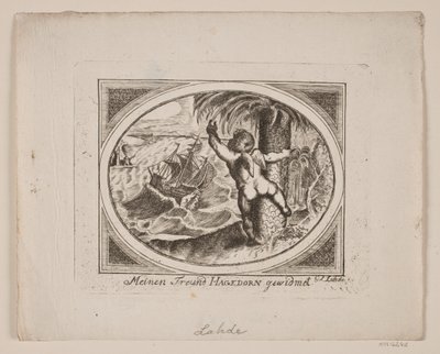 Cupido por uma palmeira, apontando para além de um mar revolto. de Gerhard Ludvig Lahde