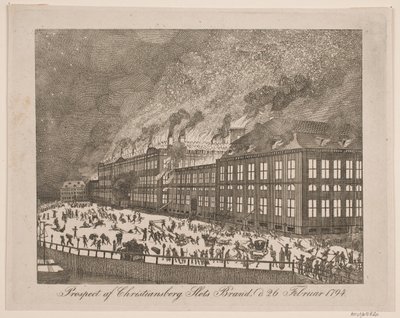 Prospecto do incêndio do Castelo de Christiansborg em 26 de fevereiro de 1794 de Gerhard Ludvig Lahde