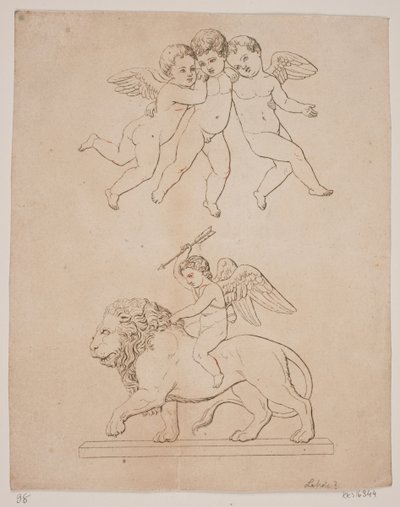 Painel com três cupidos e abaixo do cupido em um leão de Gerhard Ludvig Lahde