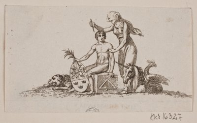 Vinheta com mulher, jovem sentado e unicórnio de Gerhard Ludvig Lahde