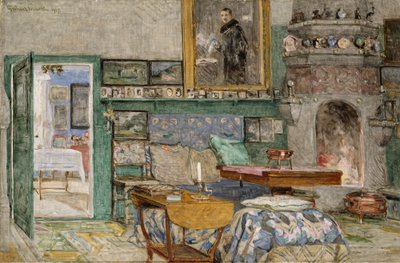 A sala com lareira da casa do artista, em Leveld, Lysaker de Gerhard Munthe