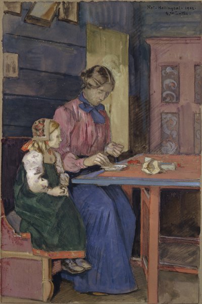 Moça de Hallingdal aprendendo a enfiar pérolas de Gerhard Peter Frantz Vilhelm Munthe