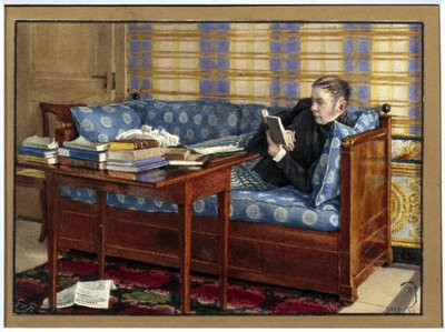 Retrato do poeta Vasili Zoukovsky (1783-1852). (Retrato do Poeta Vasily Zhukovsky). Deitado em um sofá, ele lê, à sua frente, pilhas de livros sobre uma mesa. Obra de Gerhard Wilhelm von Reutern (1794-1865), lápis e aquarela sobre papel de Gerhard Wilhelm von Reutern
