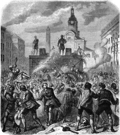 Derrame de sangue em Estocolmo, massacres de líderes da resistência nacional sueca ordenados pelo rei Christian II da Dinamarca, 8 de Novembro de 1520: o exército tenta acalmar a raiva da população, forçado a assistir às execuções. Gravura de Gerlier de Gerlier Gerlier
