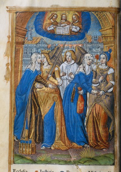 Livre d&39;or, com alegorias da Igreja, Justiça, Paz e Misericórdia, c.1500 de Germain Hardouin