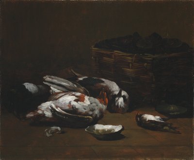 Natureza morta com pássaros mortos e uma cesta de ostras de Germain Ribot