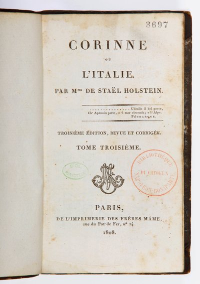 Página de rosto de Corinne ou lItalie, 3ª edição revista e ampliada, 3ª volume, Imprimerie des Freres Mame, Paris, 1808 (impresso) de Germaine de Stael