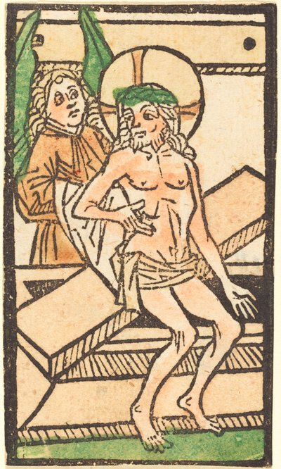 Cristo sentado em seu túmulo com um anjo de German 15th Century