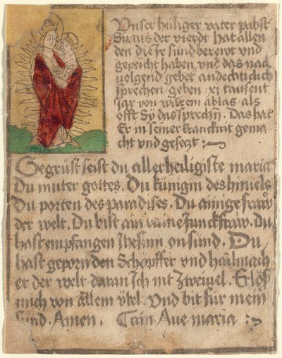 Madonna e criança em uma glória com uma indulgência e uma oração de German 15th Century