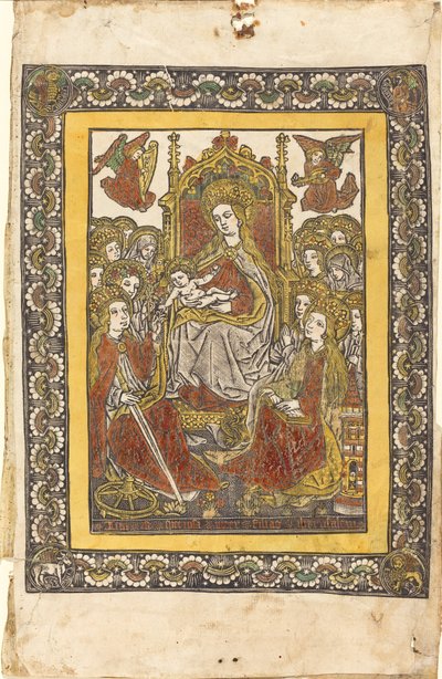 A Madonna entronizada com dezoito mulheres santas de German 15th Century or Master with the Mountain Like Clouds
