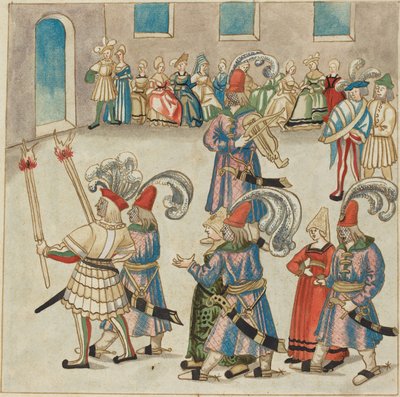 Dois casais dançantes liderados por cavaleiros portadores de tochas de German 16th Century