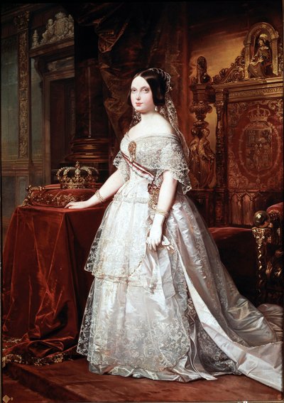 Retrato da Rainha de Espanha Isabelle de Bourbon (Isabel de Borbon) II (1830-1904) Pintura de Hernandez Amores alemã (1823-1894) de German Hernandez Amores